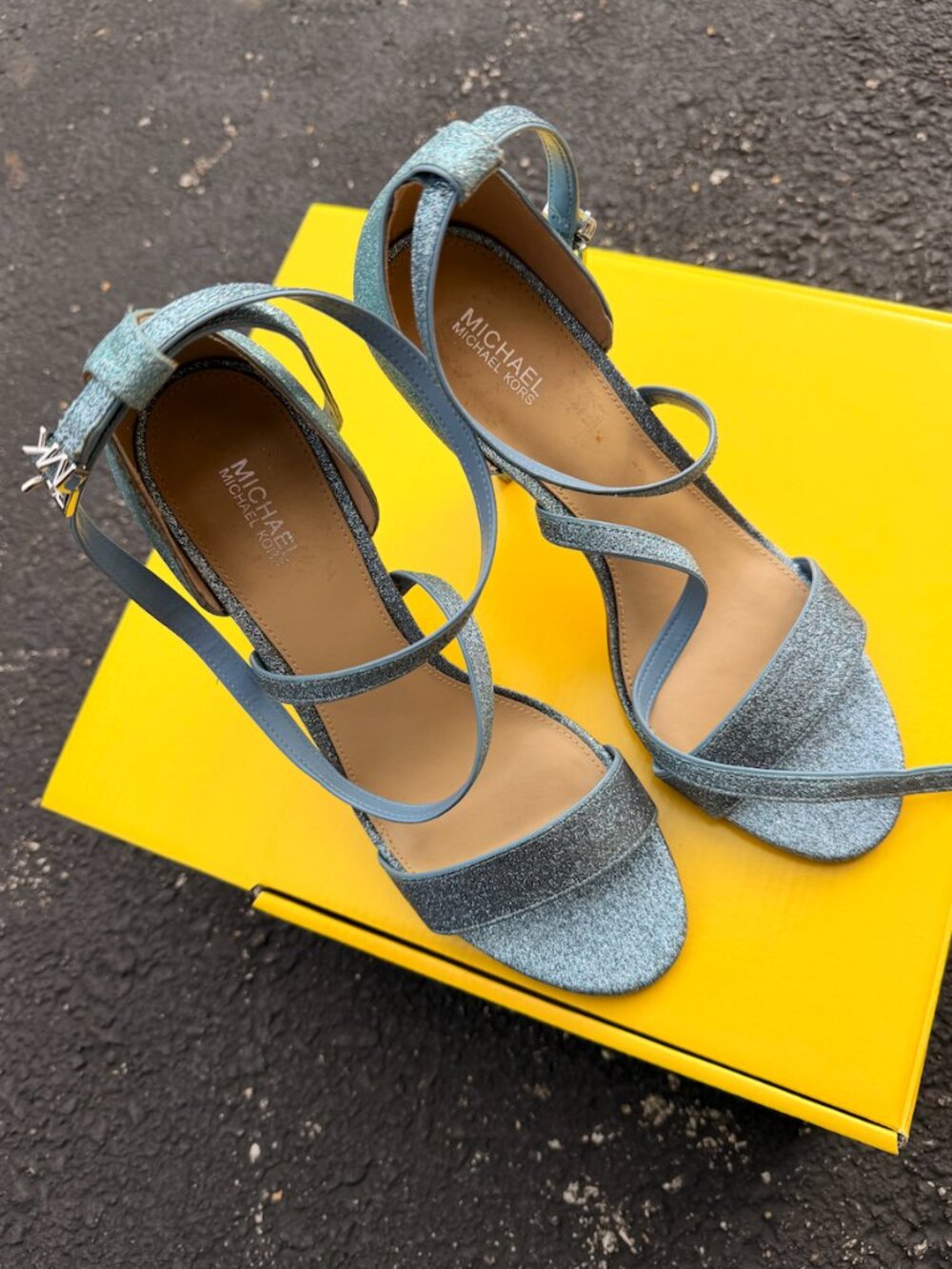 Michael Kors Silver Glitter Strappy High Heel Sandals | Size 8.5